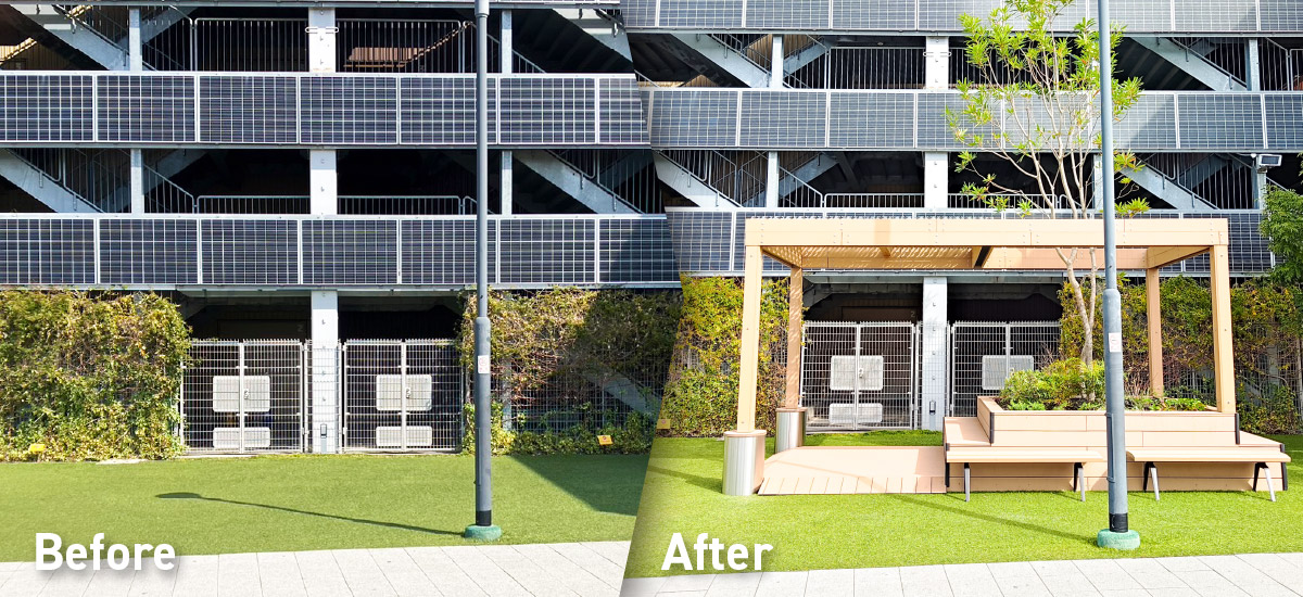 熱中症対策、緑陰、ウッドデッキ、日よけ付きパーゴラ、フラクタル